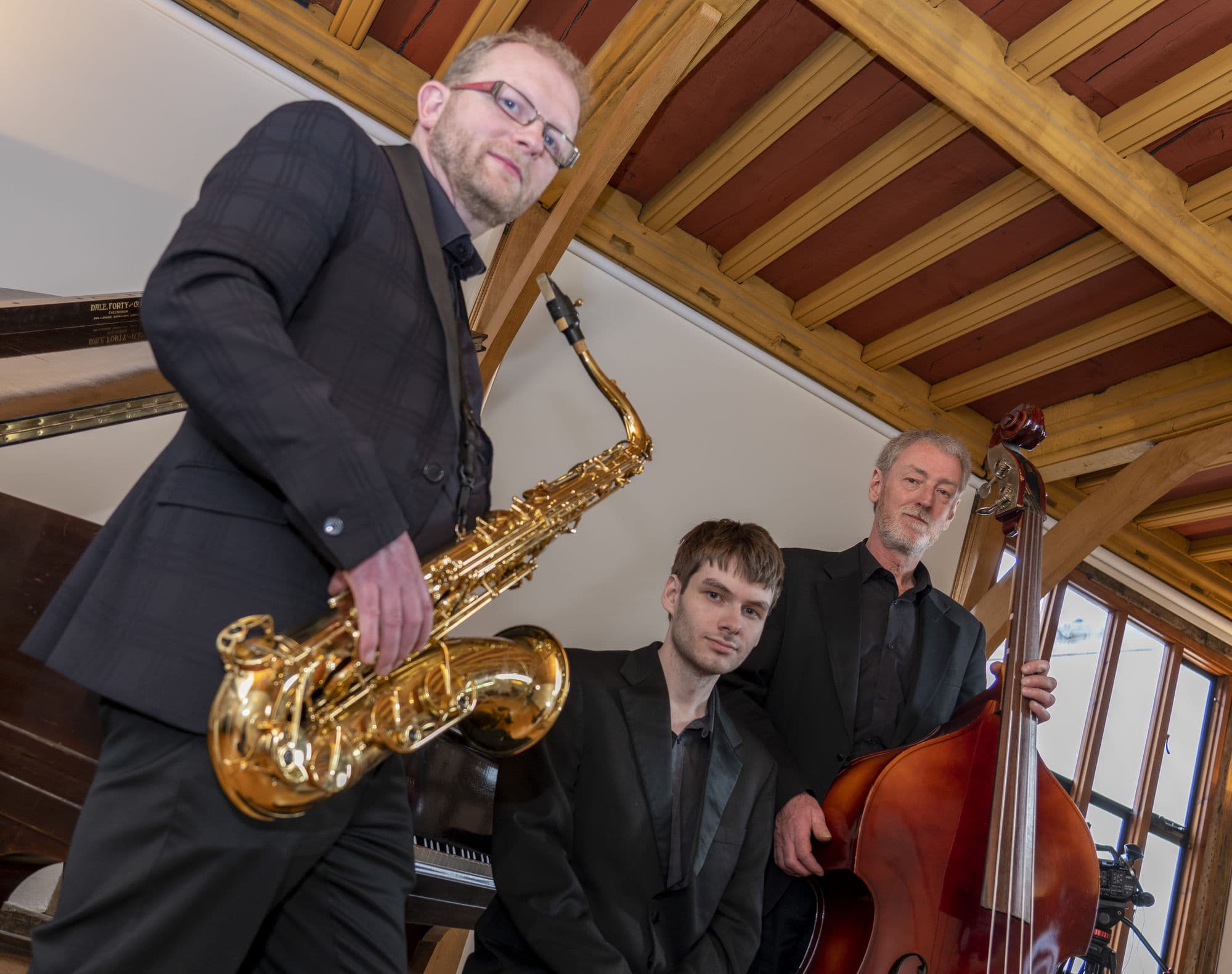 Blue Sky Music jazz trio with saxophone, piano, and double bass